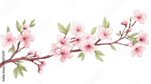 Wallpaper Mural Cherry blossoms with delicate pink flowers and vibrant green leaves on a graceful branch in a serene floral composition. Torontodigital.ca