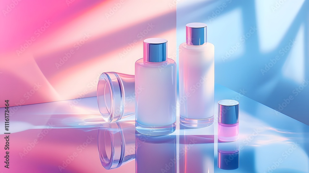 Three frosted glass bottles with silver lids on a reflective surface. Three frosted glass bottles with silver lids on a reflective surface.