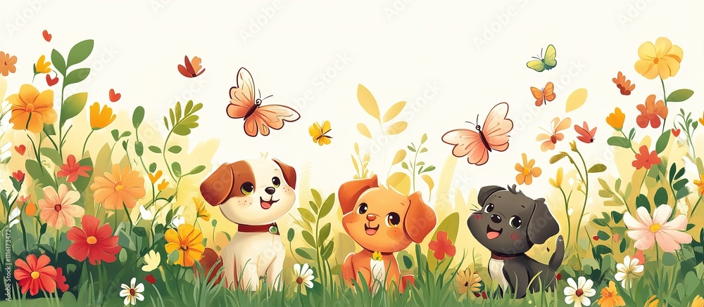 Naklejka premium Three adorable puppies playing amidst vibrant flowers and butterflies in a lush meadow.