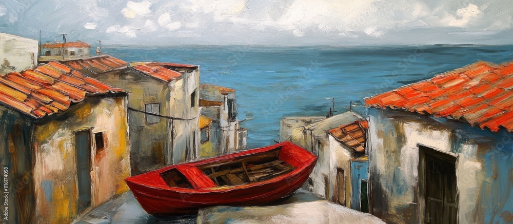 Fototapeta premium Scenic coastal landscape with red boat and rooftops overlooking the serene sea under a cloudy sky