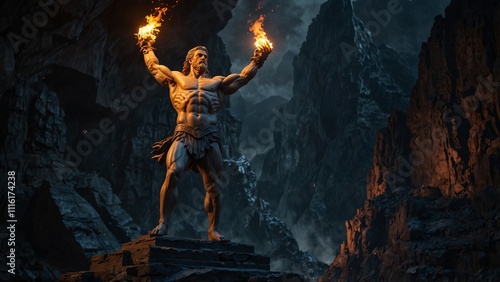 Statue of Prometheus, the fire-bringer god, raising a flame with both hands, with determination and sacrifice in his eyes, set against a backdrop of dark caves and cold mountains, with carvings showca
