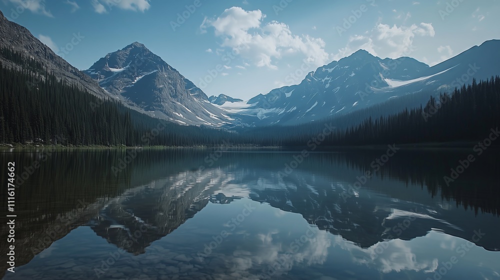 Fototapeta premium A serene lake reflects the rugged, snow-capped peaks surrounding it, the water's surface rippling gently in the breeze , epic composition, cinematic lighting, wide shot, copy space