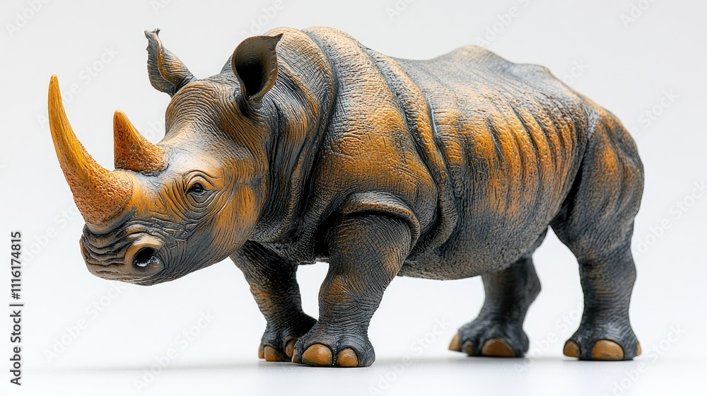 Fototapeta premium Realistic rhinoceros figurine displayed on a clean white background showcasing intricate details and textures for artistic or decorative use