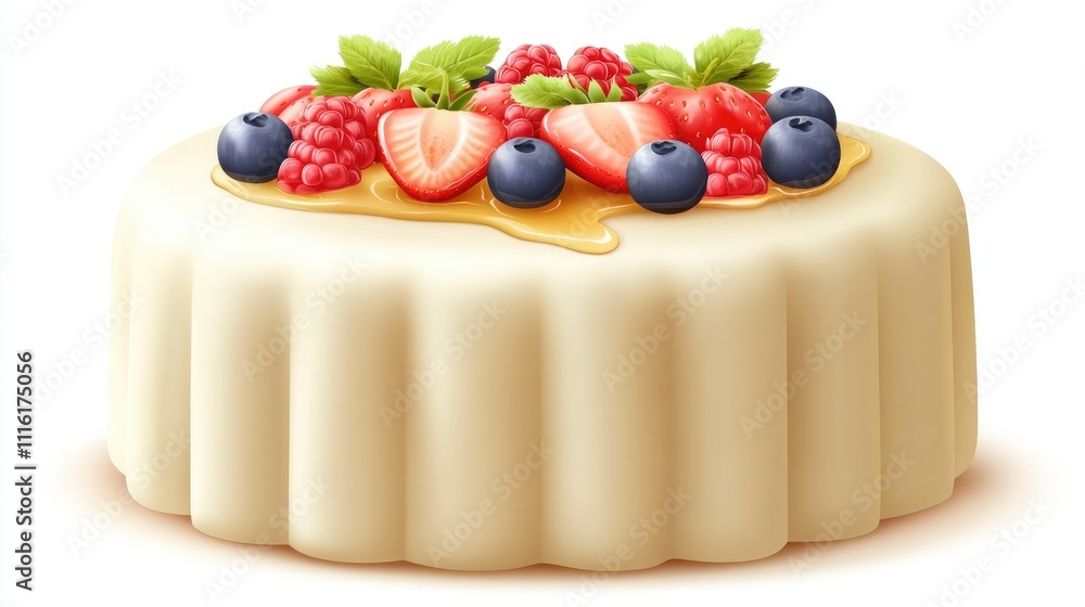 Delicious layered cake topped with fresh berries and honey on a white background, perfect for dessert and pastry promotions. Delicious layered cake topped with fresh berries and honey on a white background, perfect for dessert and pastry promotions.