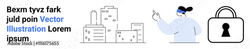 Skyline with buildings, business person using VR headset, secure lock icon representing urban development, technology, and security. Ideal for tech innovation, urban planning, business growth