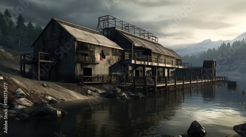 Rustic warehouse at a rural dam reflecting serene nature with mountains and trees under a dramatic cloudy sky. photo