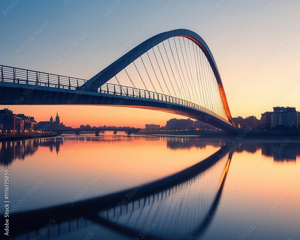 Fototapeta premium Suspension bridge with curved pylons and LED lighting, crossing a vast river mouth and connecting two coastal cities