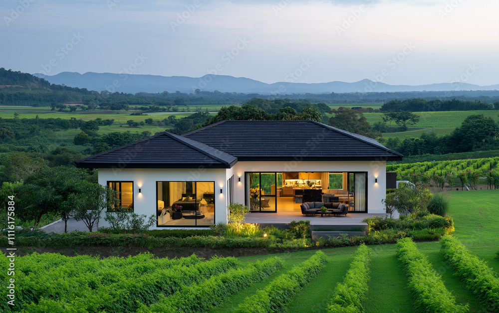 Fototapeta premium Modern Minimalist Home in Scenic Valley: A contemporary single-story house with a black roof and white walls, featuring expansive glass windows that showcase the stunning mountain valley views.