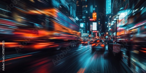 Dynamic motion blur of a semi truck in a bustling urban environment during nighttime. Ideal for capturing speed, vitality, and the essence of city life. photo