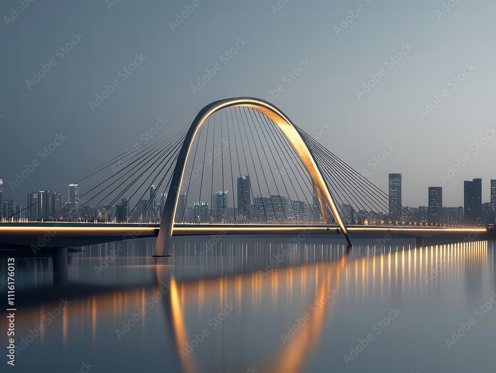 Obraz premium Modern cablestayed bridge with illuminated towers, crossing a river at night, creating a glowing architectural landmark