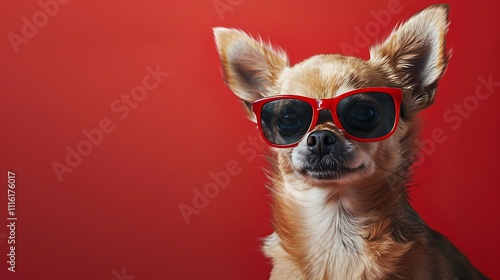 A portrait of a chihuahua wearing sunglasses