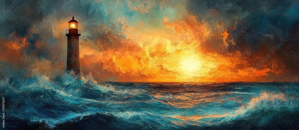 Fototapeta premium Lighthouse at sunset with turquoise water and dramatic sky capturing serene coastal beauty in a timeless seascape.
