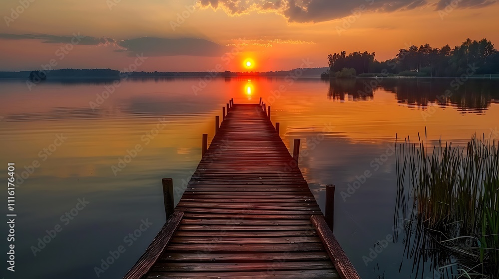 Fototapeta premium A serene lakeside dock with a sunset reflection on the water