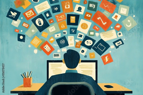 An adult with ADHD is focused on work at a desk, surrounded by distracting digital icons