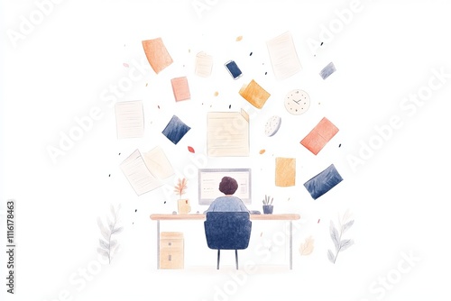 A person sits at a desk, focused on a computer as papers float around, showing distractibility
