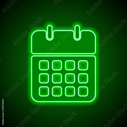 Calendar simple icon vector. Flat design. Green neon on black background with green light