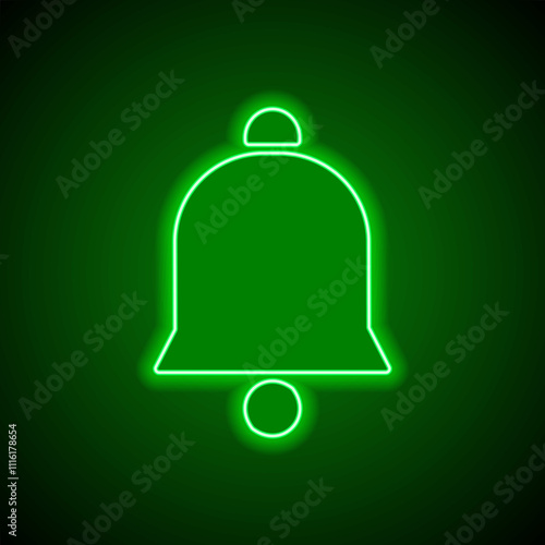 Bell simple icon vector. Flat design. Green neon on black background with green light