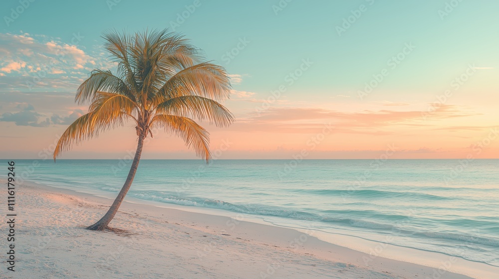Fototapeta premium Serene Beach Scene with a Palm Tree under a Colorful Sky at Sunset