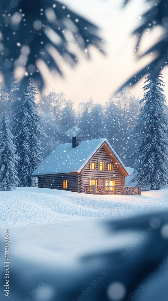 Fototapeta premium Warm Cozy Log Cabin Amidst Beautiful Winter Snowy Landscape