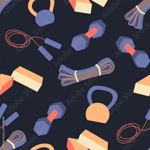 Fitness equipment vector seamless pattern. Sport tools for gym workout and yoga exercises on dark background. Colorful kettlebells, dumbbell, resistance band, jump rope, yoga bricks repeated design