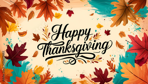 A vibrant autumn-themed Thanksgiving illustration featuring a whimsical scattering of colorful falling leaves in shades of burnt orange, amber, and crimson,