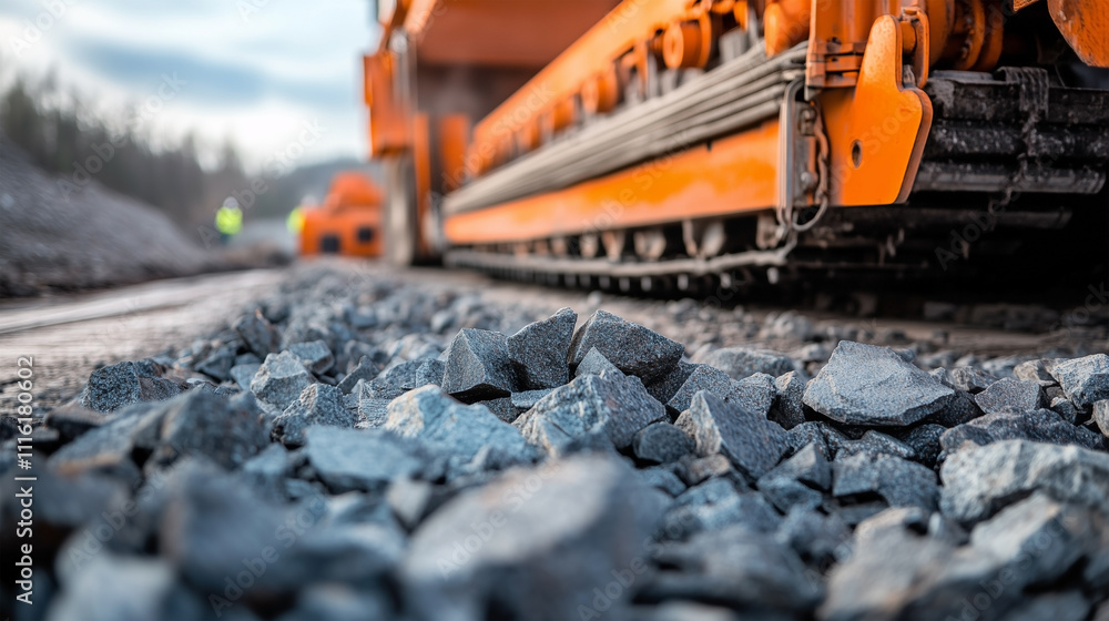 A large orange machine is laying on a pile of rocks A large orange machine is laying on a pile of rocks