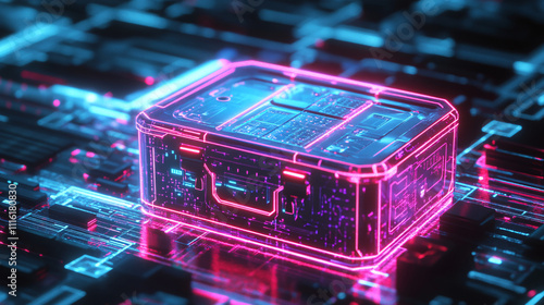 A futuristic toolbox icon glowing with neon lines, surrounded by online tools, smart diagnostics, and tech repair data. 