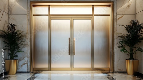 Elegant Double Doors with Golden Frame and Glass Panels