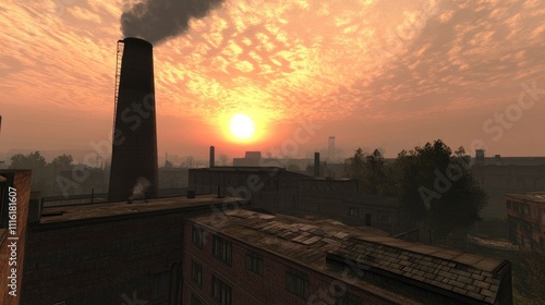 industrial sunset over factory buildings with smokestacks and atmospheric clouds photo