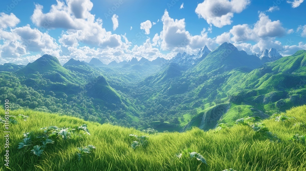 Obraz premium Lush green hills create a stunning backdrop with a captivating mountaintop view, offering a perfect blend of natures beauty and serenity. Lush green hills invite exploration and tranquility.