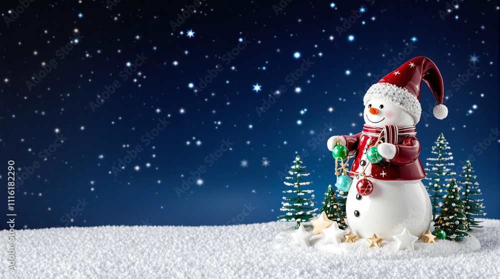 Fototapeta premium A ceramic snowman stands cheerfully in a winter wonderland with sparkling snow and festive trees under a starlit sky