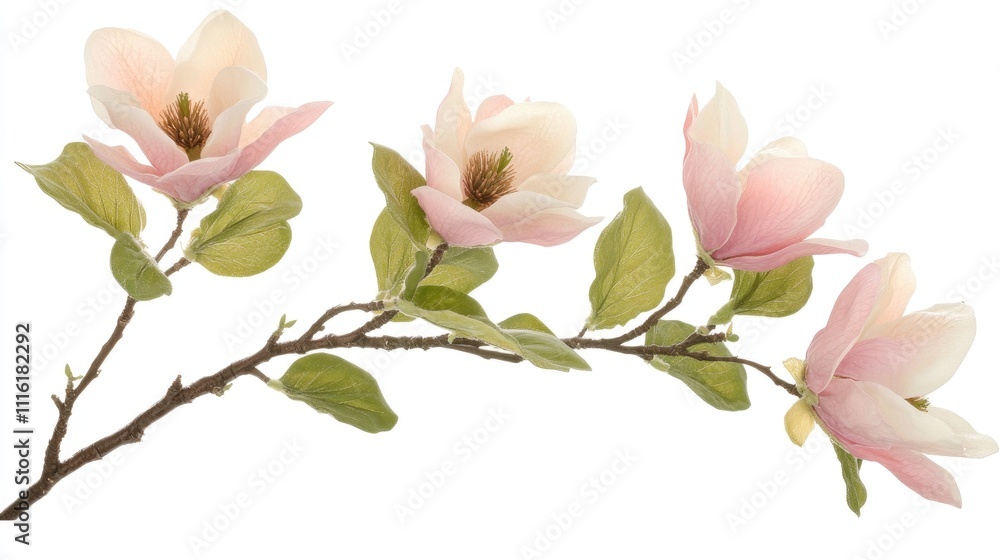 Obraz premium Magnolia branch with delicate pink flowers and green leaves isolated on a white background showcasing spring beauty and elegance.