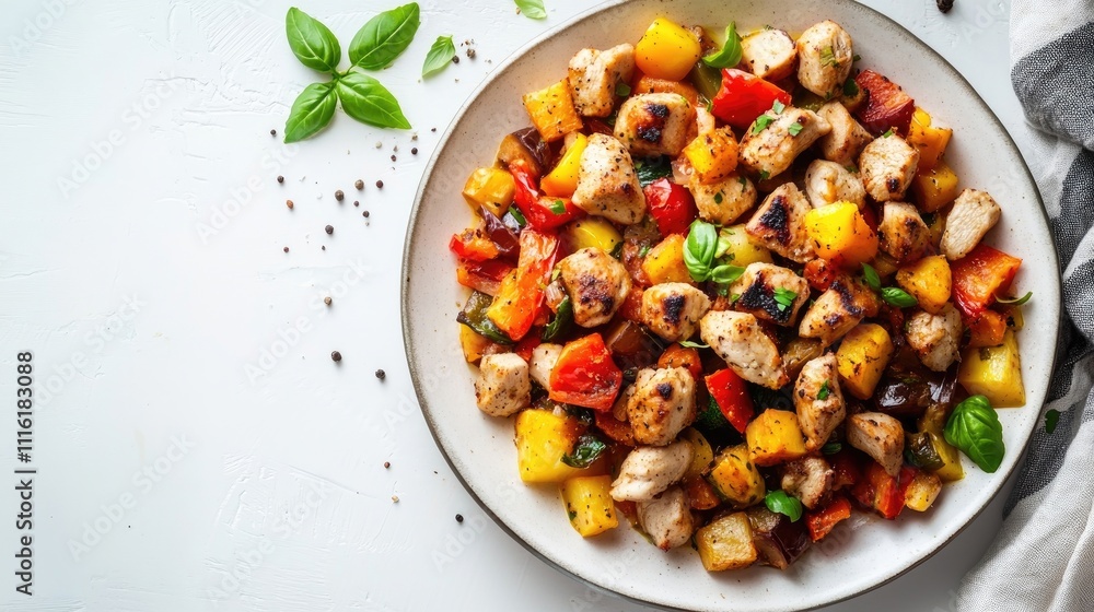 Plate of vibrant diced vegetables and tender meat, presenting a delicious summer ratatouille with chicken. Perfect for culinary inspiration and colorful recipe ideas, with ample copy space. Plate of vibrant diced vegetables and tender meat, presenting a delicious summer ratatouille with chicken. Perfect for culinary inspiration and colorful recipe ideas, with ample copy space.