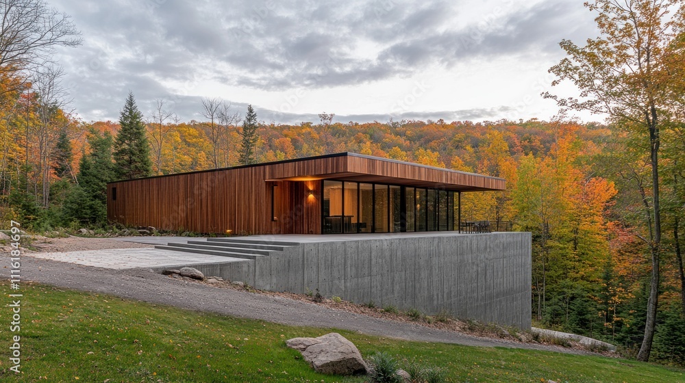 Modern Wooden House Autumn Forest Setting Modern Wooden House Autumn Forest Setting