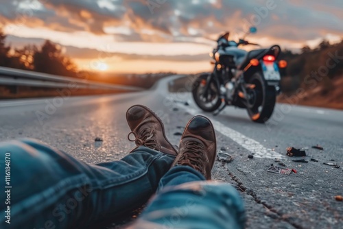 Legs of a person lying on the road after a motorcycle and car accident photo