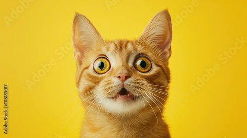 Surprised cat with an expressive face and wide eyes against a vibrant yellow background, perfect for capturing attention. The surprised cat adds a playful element to any design. photo