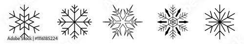 Set of snowflakes christmas linear vector icon. Geometric snowflake shape, nature and winter related vector symbol hand drawn contour collection. Line art illustration design for logo, sticker
