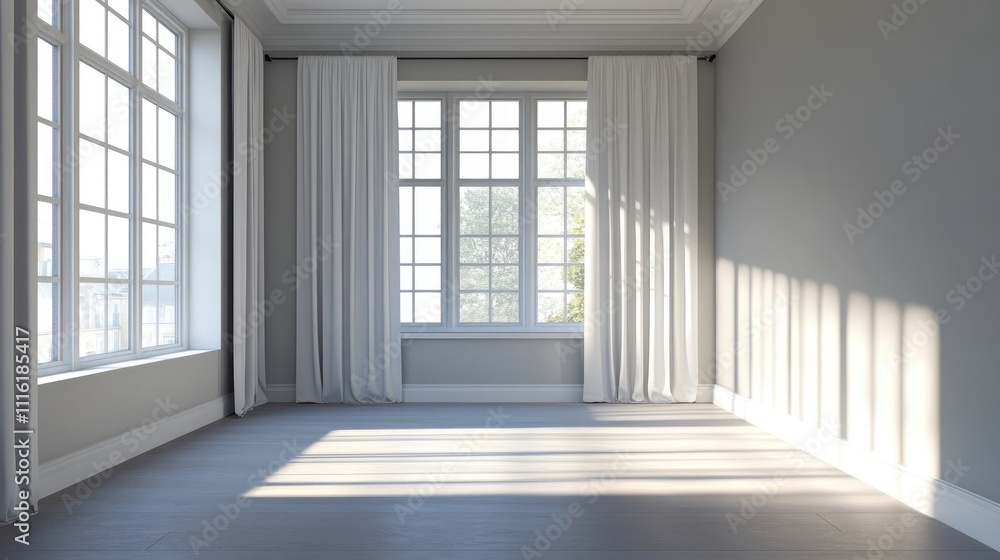 Fototapeta premium Bright empty interior with a window, accentuated by a light grey wall, creating a spacious atmosphere ideal for various design concepts. Ample photo space enhances the appeal.