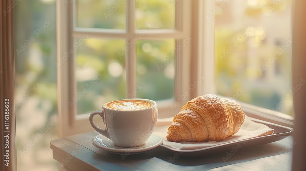 Fresh coffee paired with a croissant on a tray creates a delightful breakfast scene by the window. This bakery concept captures the essence of a cozy morning moment, with ample room for copy space. Fresh coffee paired with a croissant on a tray creates a delightful breakfast scene by the window. This bakery concept captures the essence of a cozy morning moment, with ample room for copy space.