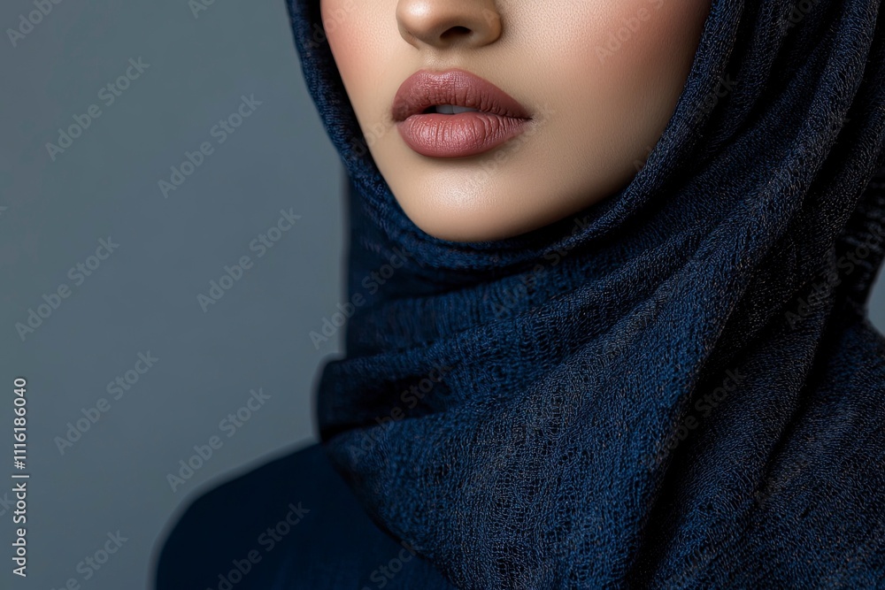 Closeup of a beautiful female Muslim model wearing dark blue modern kurung with hijab, a modern urban lifestyle apparel for Muslim women isolated on grey background. Beauty and hijab fashion concept. Closeup of a beautiful female Muslim model wearing dark blue modern kurung with hijab, a modern urban lifestyle apparel for Muslim women isolated on grey background. Beauty and hijab fashion concept.