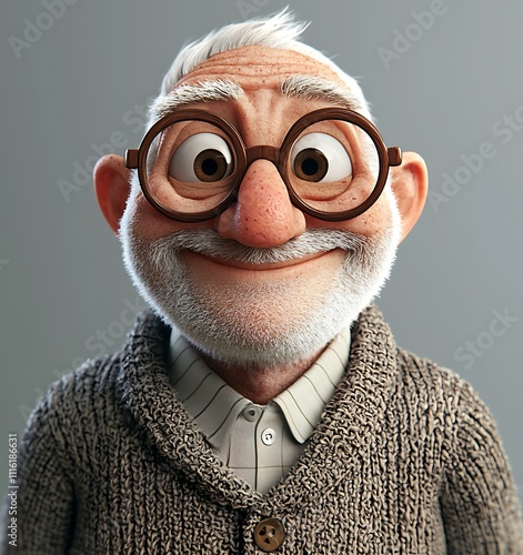 A Delightful 3D Render of a Cheerful Elderly Gentleman with Glasses and Knitwear