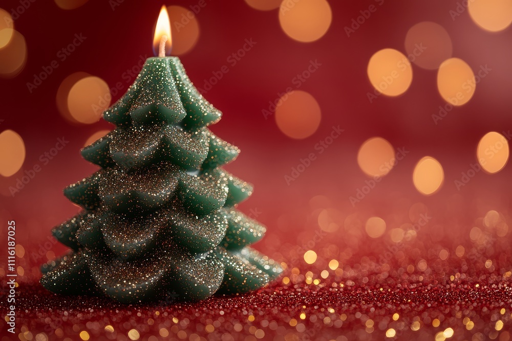 Green Christmas tree-shaped candle on a red background with golden glitter, close-up with copy space for holiday decorations. Green Christmas tree-shaped candle on a red background with golden glitter, close-up with copy space for holiday decorations.