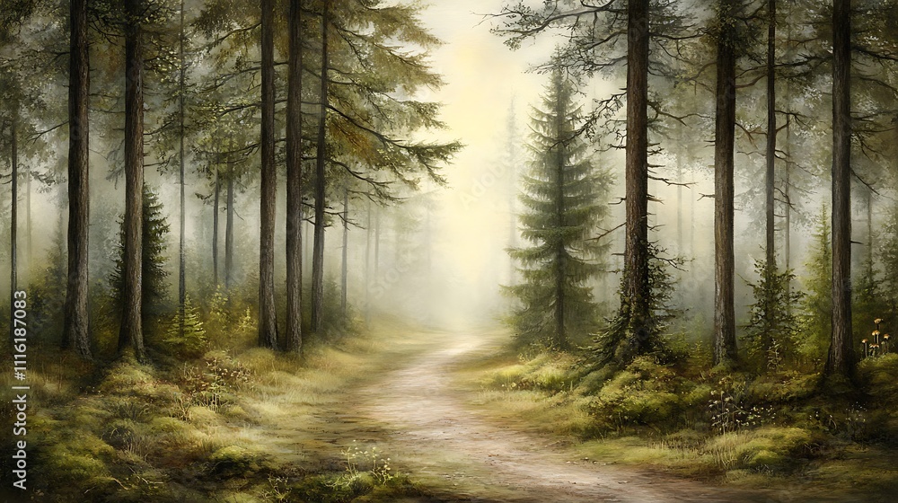 Fototapeta premium Misty Forest Path Winding Through Tall Trees