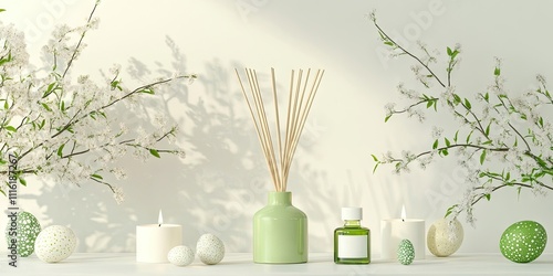 Easter reed diffuser mockup featuring natural sticks and essential oils, complemented by spring willow flowers and candles, viewed from the front. Green and white aromatherapy bottle included.