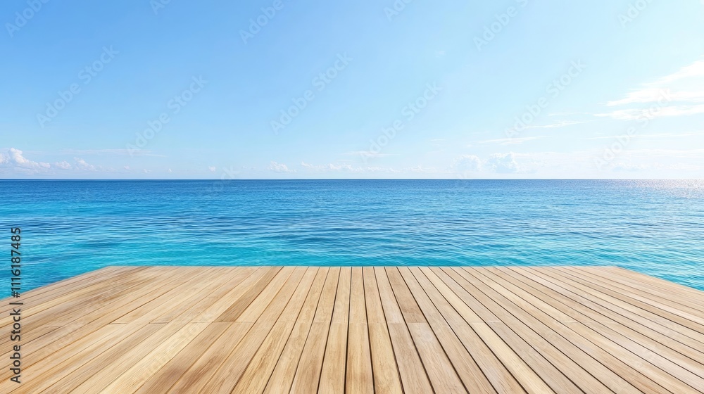 Fototapeta premium Wood deck extends toward a serene blue sea, harmonizing with minimalist design. This tranquil scene of a wood deck offers ample space for creative use in your projects.