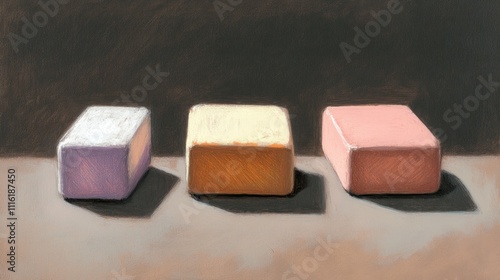 Colored chalk blocks on a textured surface showcasing vibrant shades with soft shadows in an artistic setting perfect for creative concepts. photo