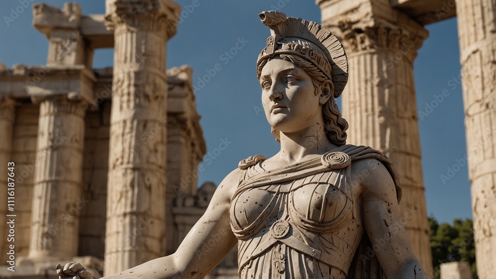 Obraz premium Statue of Athena, the goddess of strategy and wisdom, holding a shield and spear with both hands, standing in front of the ruins of Athens, with a backdrop of ancient columns and glorious battle scene