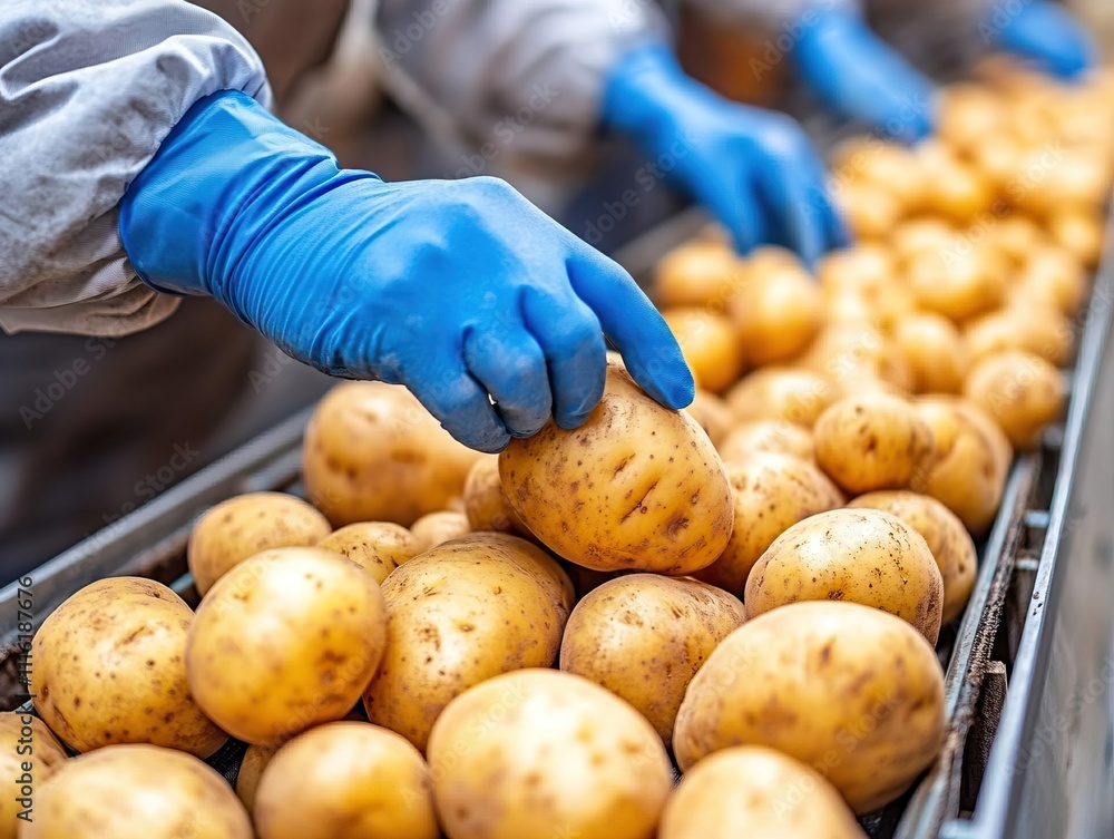A worker in blue gloves sorts freshly harvested potatoes on a conveyor belt in a processing facility. A worker in blue gloves sorts freshly harvested potatoes on a conveyor belt in a processing facility.
