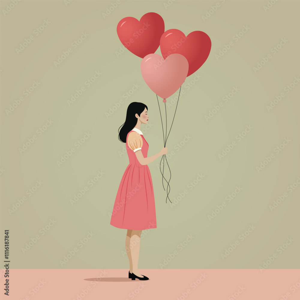 girl with heart shaped balloons, valentine's day concept girl with heart shaped balloons, valentine's day concept