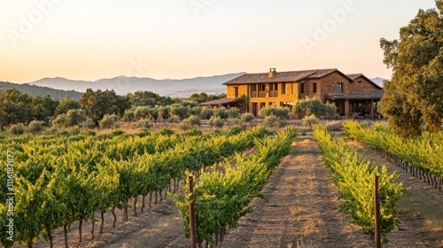 Vineyard house, golden hour, idyllic setting.